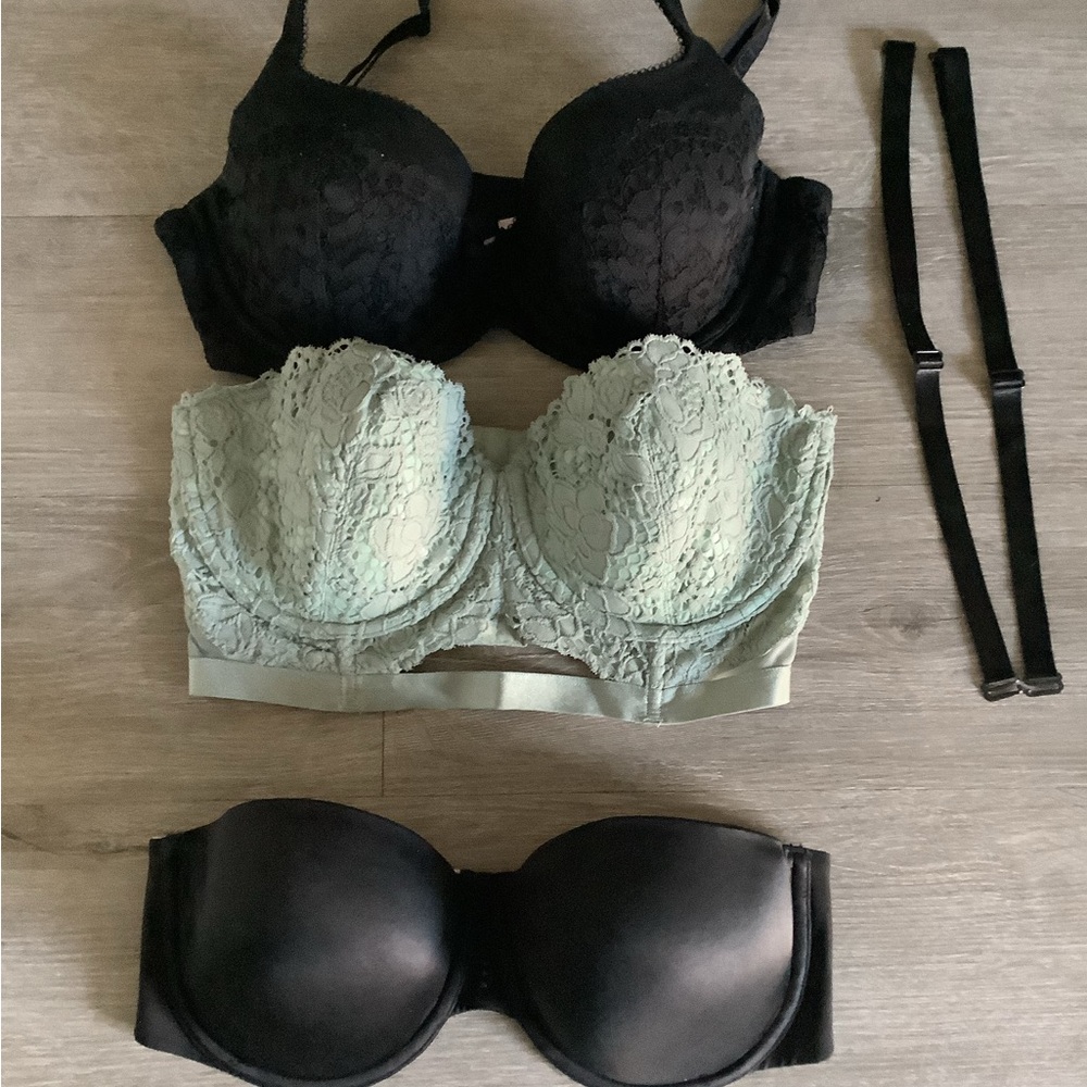 Victoria's Secret Lace Longline and Strapless Bra Set in Sage and Black